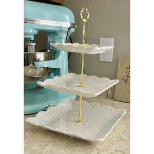 New 3 Tier Porcelain Cupcake Stand, Tiered Serving Cake Stand, Square White